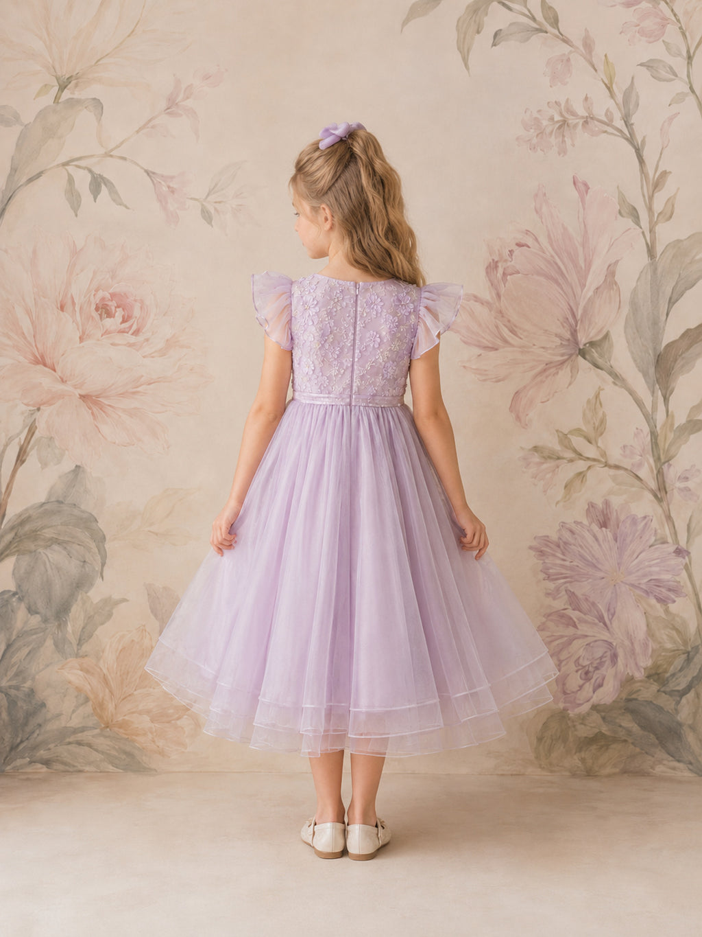 Lavender Tulle A-Line Flower Girl Dress with Sleeveless, Jewel Neck, Tea-Length Skirt, Bow Detail Style 403615 back view