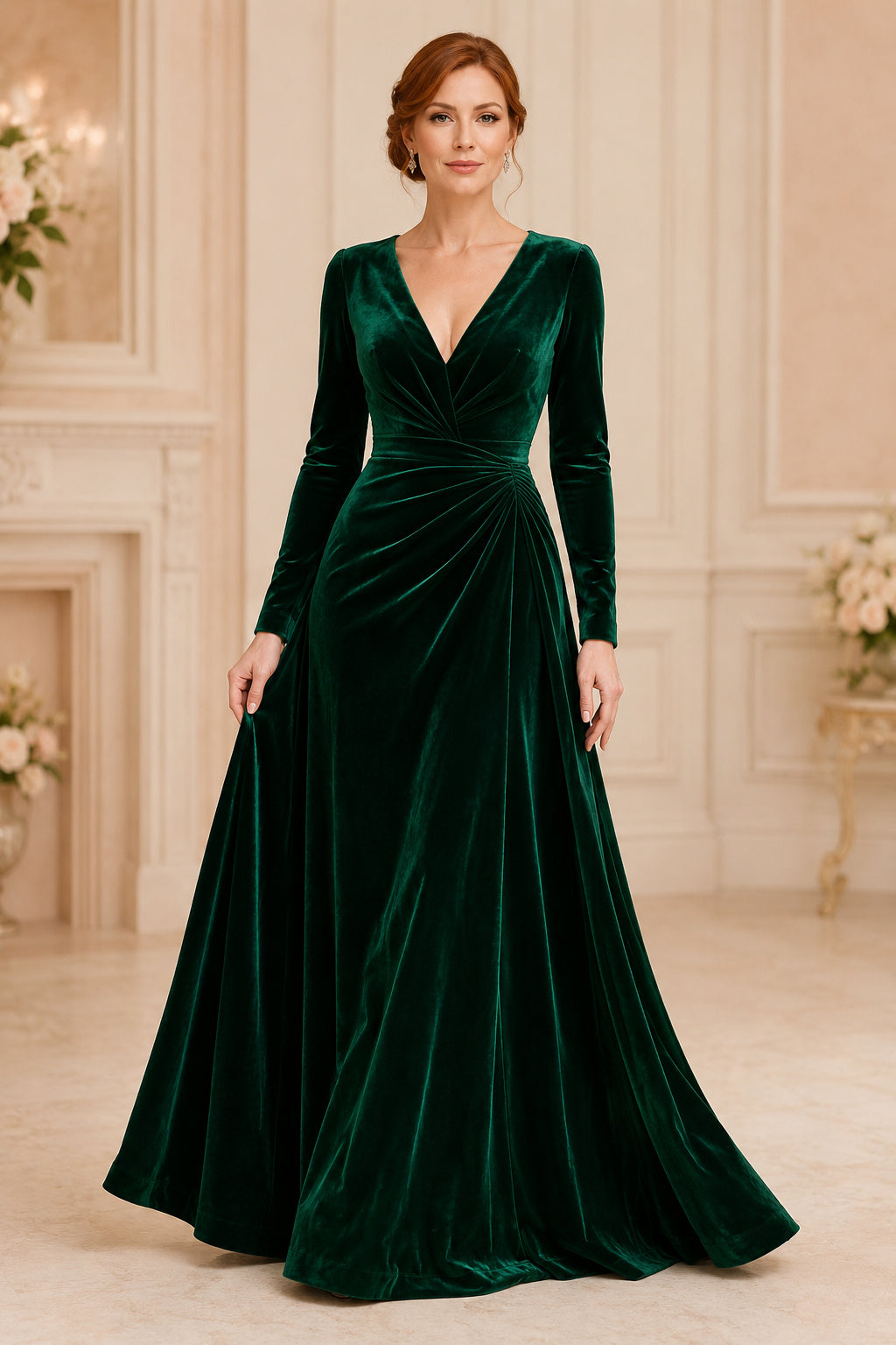 Dark Green Long Sleeve Velvet A-Line Evening Dress with V-Neckline front view