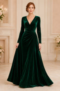 Dark Green Long Sleeve Velvet A-Line Evening Dress with V-Neckline front view