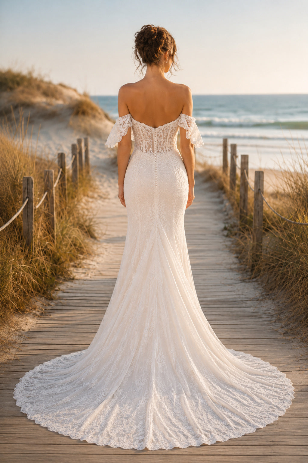 Ivory Off-the-Shoulder Stretch Satin Mermaid Wedding Dress with Long Sleeves back view