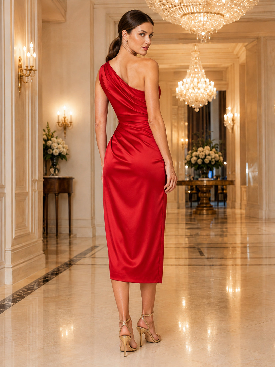 Red satin one shoulder wrap sheath charity midi dress back view
