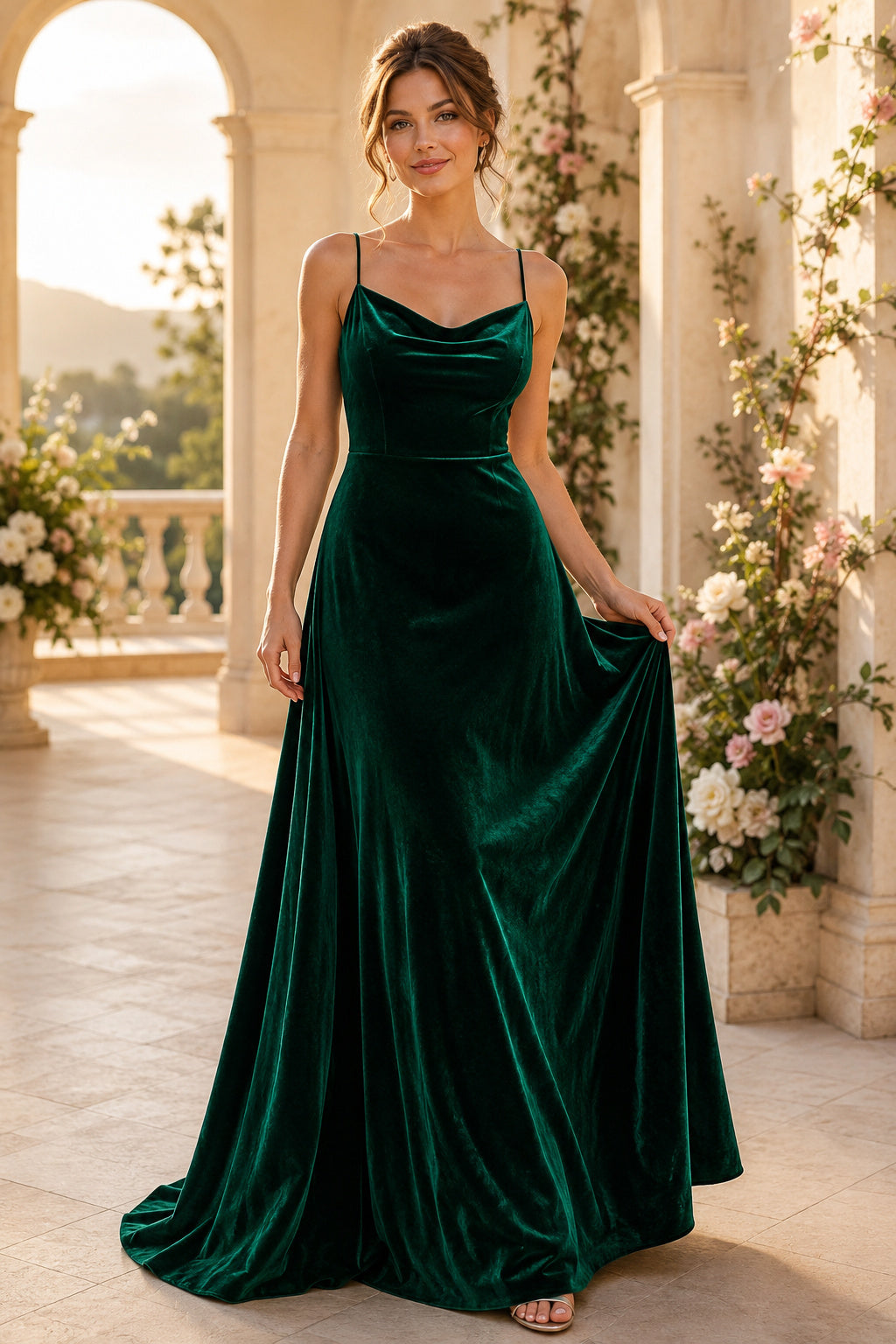 Dark Green Spaghetti Strap Velvet A-Line Bridesmaid Dress with Cowl Neck and Floor Skirt front view