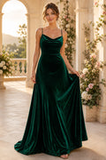 Dark Green Spaghetti Strap Velvet A-Line Bridesmaid Dress with Cowl Neck and Floor Skirt front view