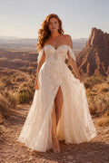 Ivory Off Shoulder Lace Tulle A-Line Wedding Dress Split Front for Wedding Ceremony and Reception front view