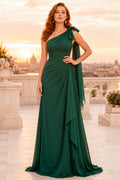 Dark Green One-Shoulder Chiffon A-Line Bridesmaid Dress with Bow Shoulder and Draped Floor Skirt front view