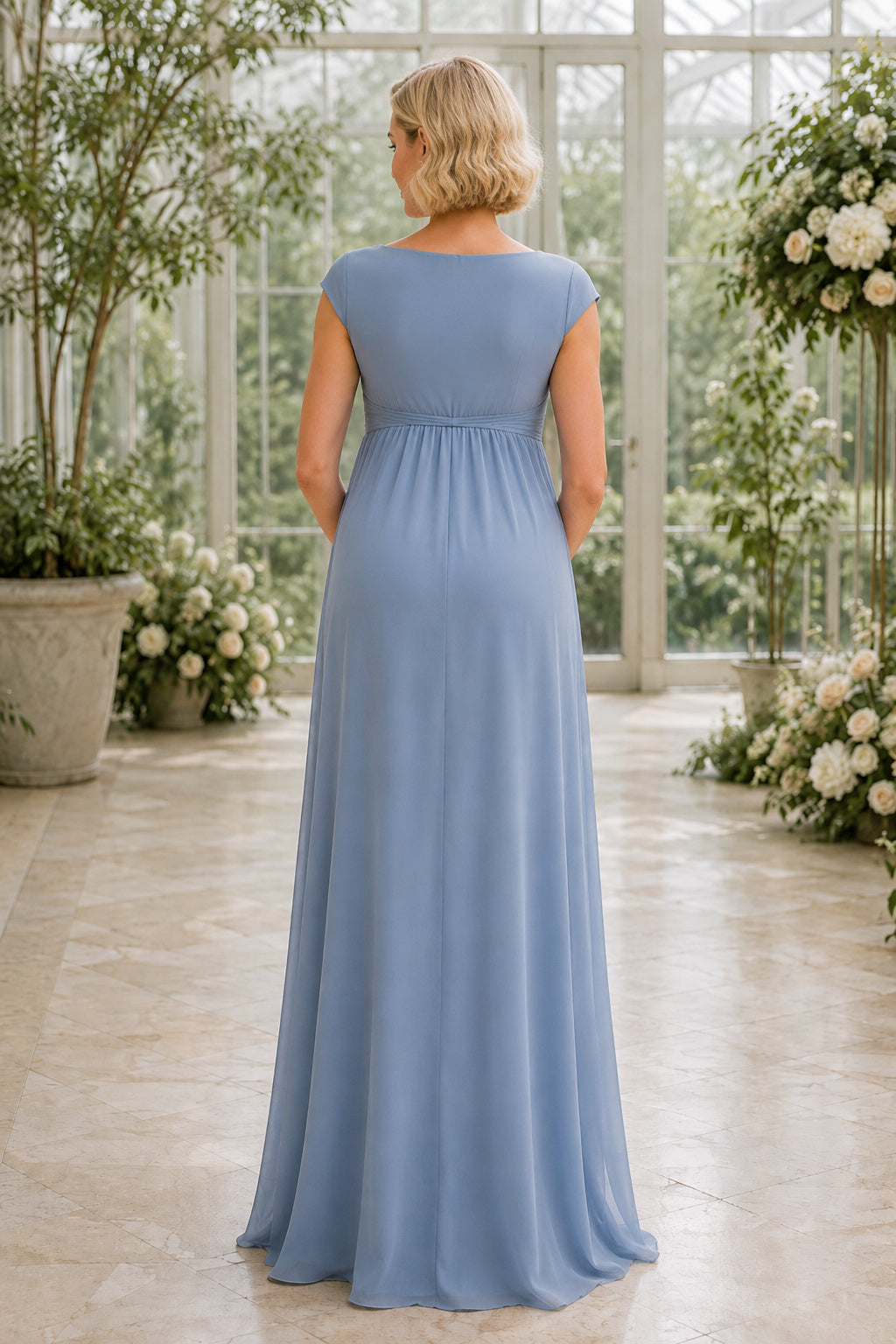 Steel Blue Maternity Jewel Neck Chiffon A-Line Dress back view