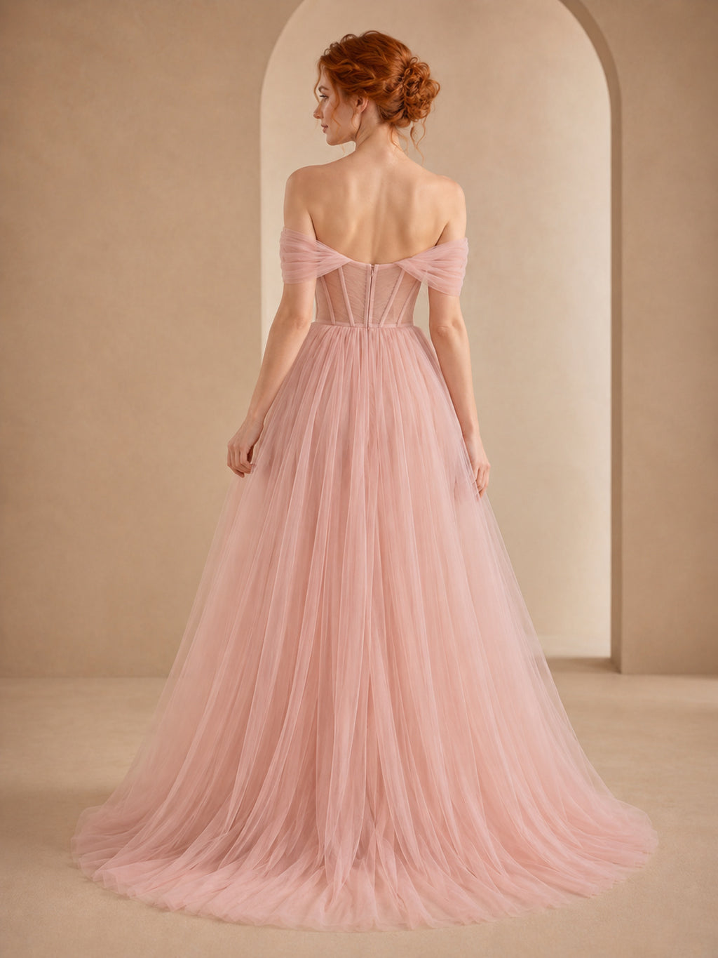 Blush off shoulder corset tulle ball gown prom dress back view