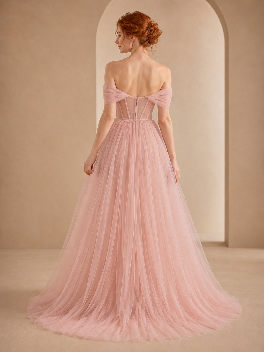 Blush off shoulder corset tulle ball gown prom dress back view