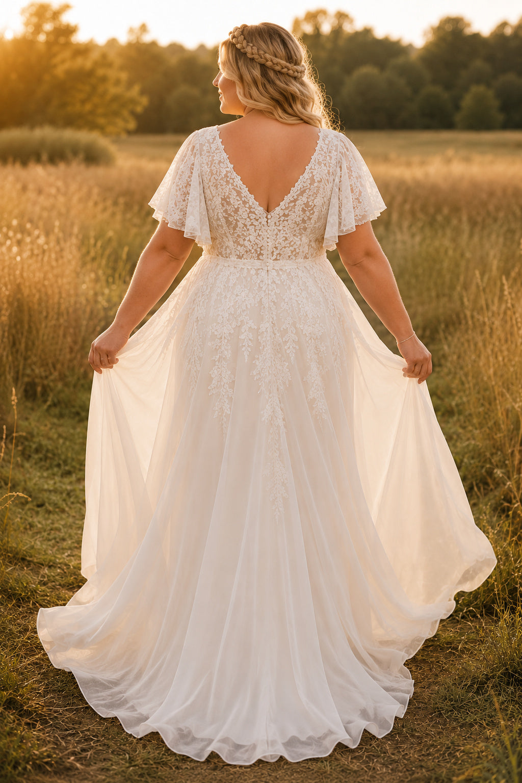 Plus Size V-Neck Cap Sleeve Lace Wedding Dress with Soft Tulle Train back view