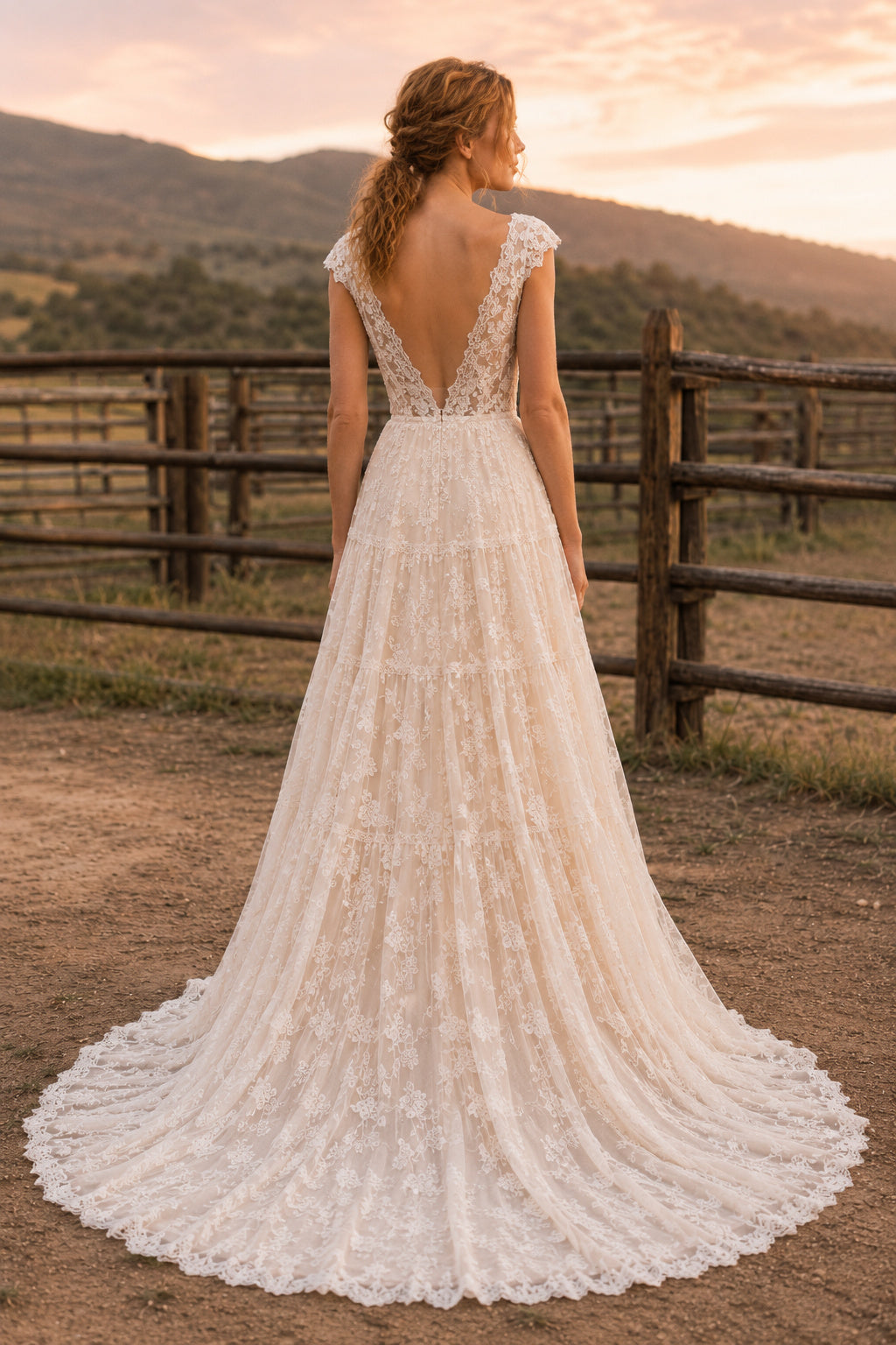 Ivory V-Neck Lace A-Line Wedding Dress with Straps, Layered Skirt, and Sweep Train back view