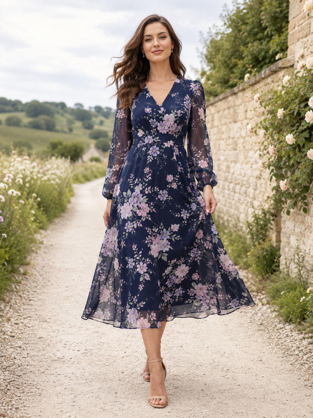 Dark Navy V Neck Long Illusion Sleeve Floral Chiffon A Line Guest Dress front view