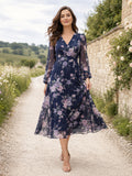 Dark Navy V Neck Long Illusion Sleeve Floral Chiffon A Line Guest Dress front view