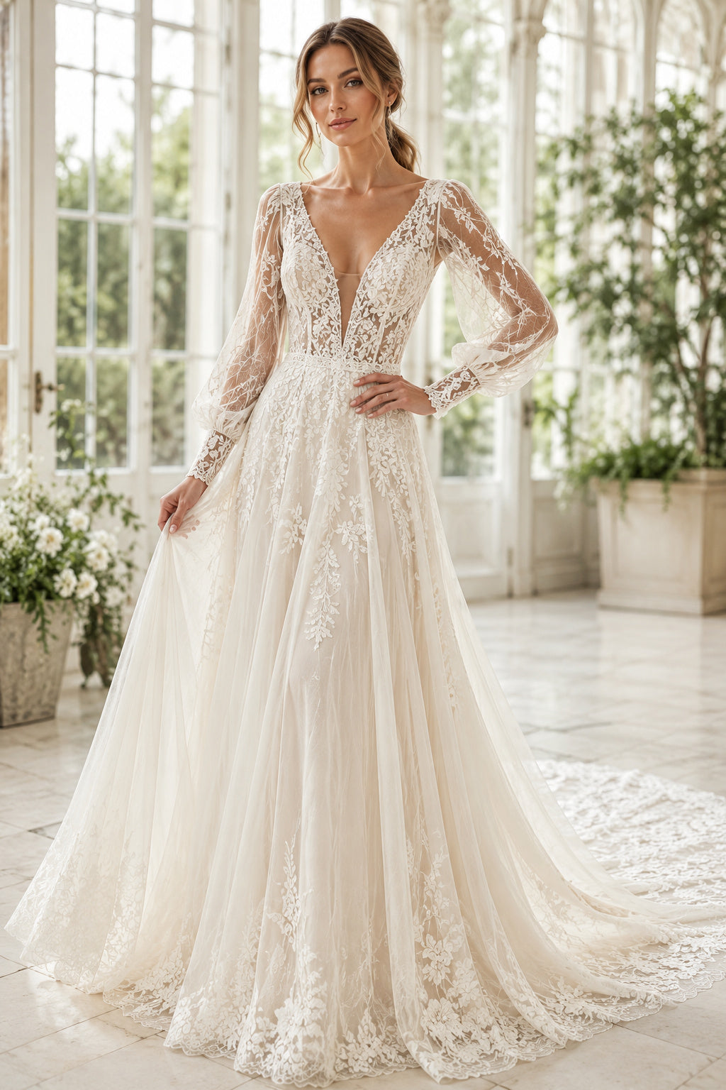 Ivory Luxury V-Neck A-Line Lace Tulle Wedding Dress with Long Lace Sleeves and Chapel Train front view