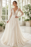 Ivory Luxury V-Neck A-Line Lace Tulle Wedding Dress with Long Lace Sleeves and Chapel Train front view