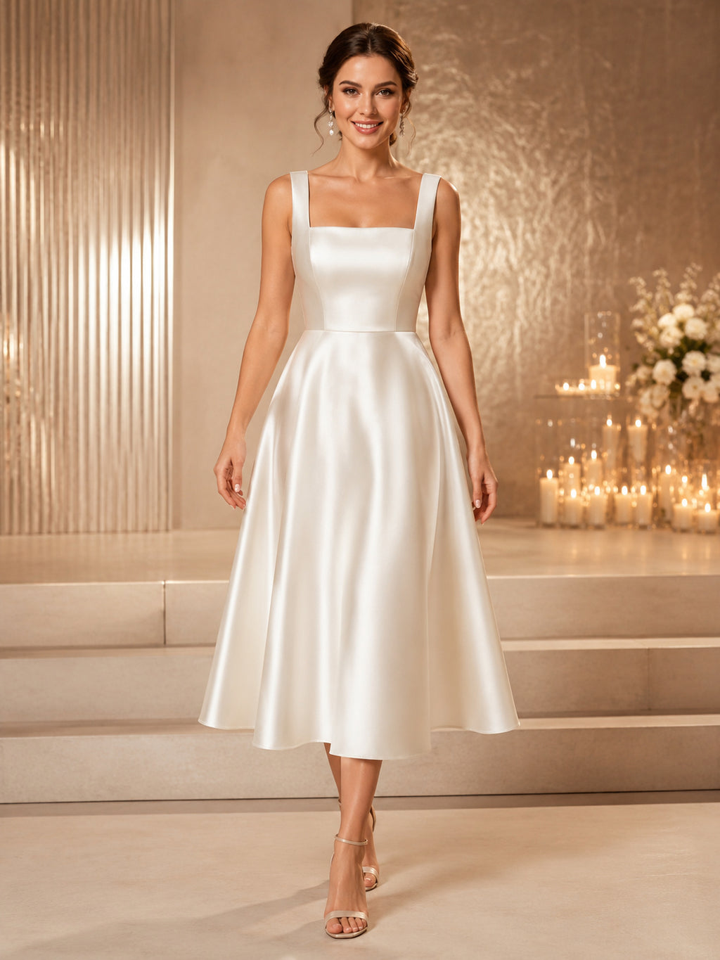 Square Neck Satin Tea Length A Line Engagement Party Dress front view