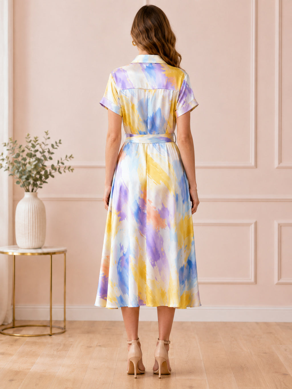 Yellow Brushstroke Shirt Collar Belted Satin Midi Guest Dress back view