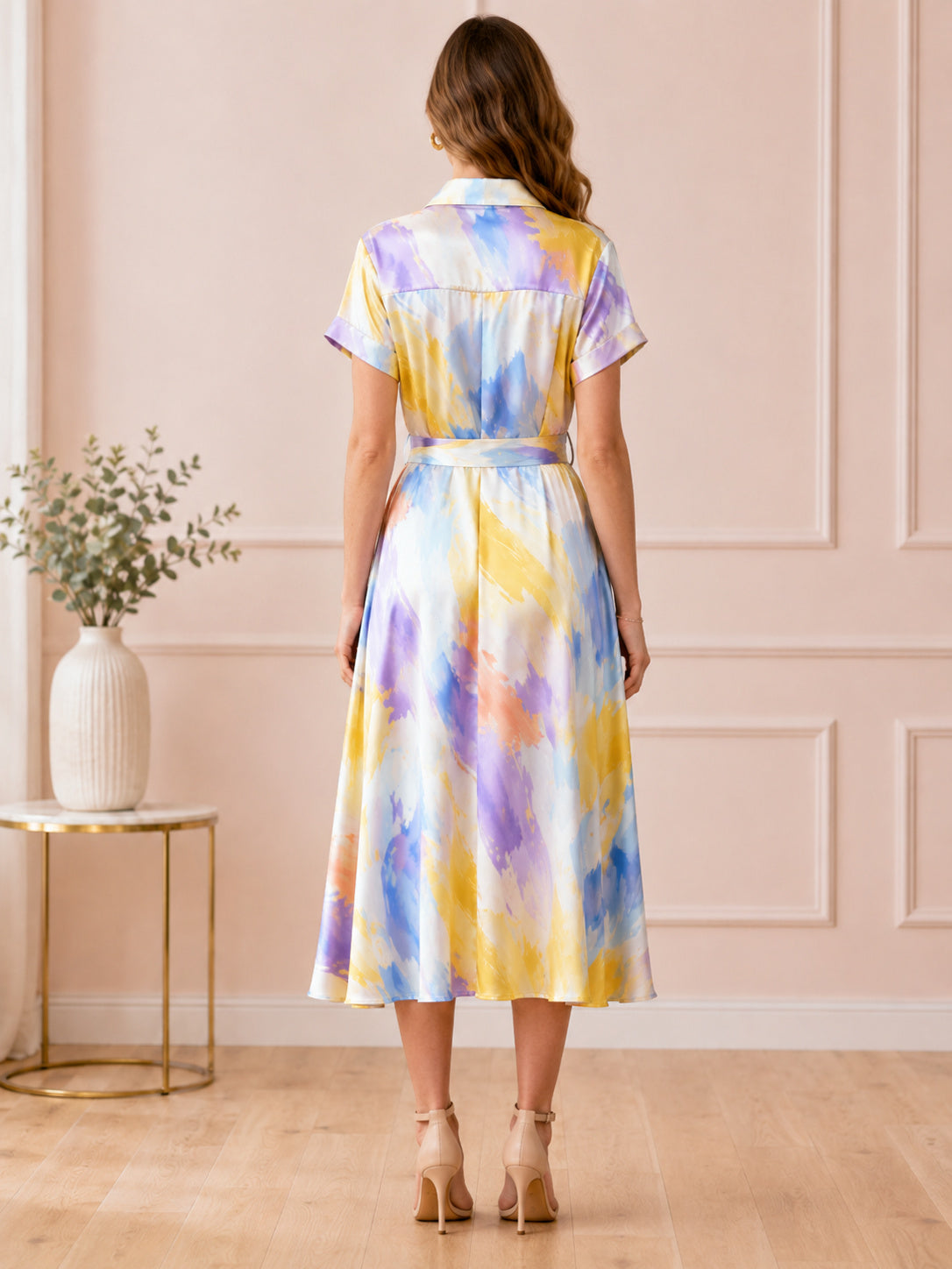 Yellow Brushstroke Shirt Collar Belted Satin Midi Guest Dress back view