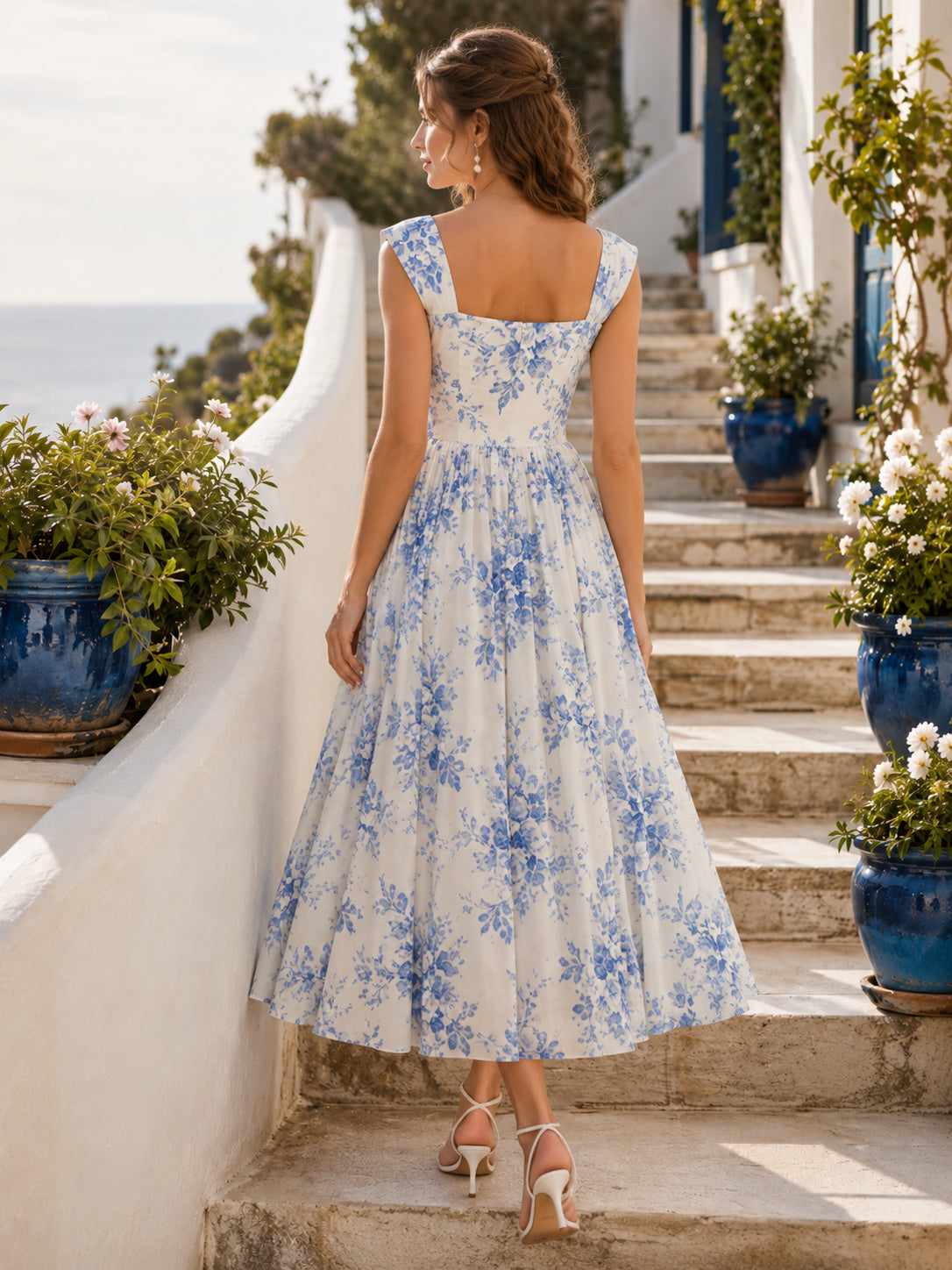 Ivory Blue Floral Square Neck Tea Length Guest Dress back view