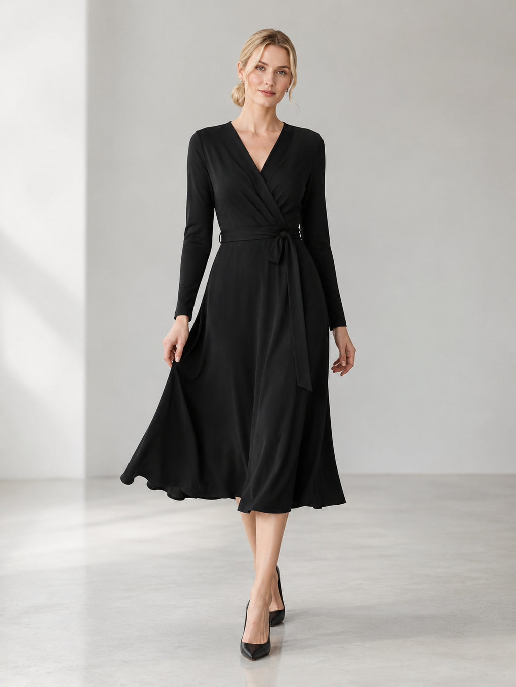 Black Long Sleeve Wrap A Line Minimal Reception Dress front view