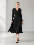 Black Long Sleeve Wrap A Line Minimal Reception Dress front view