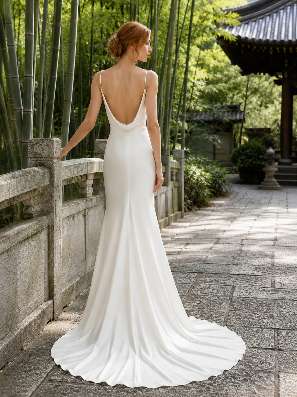 Coastal Cowl Neck Spaghetti Strap Satin Mermaid Low Back Sweep Train Wedding Gown back view