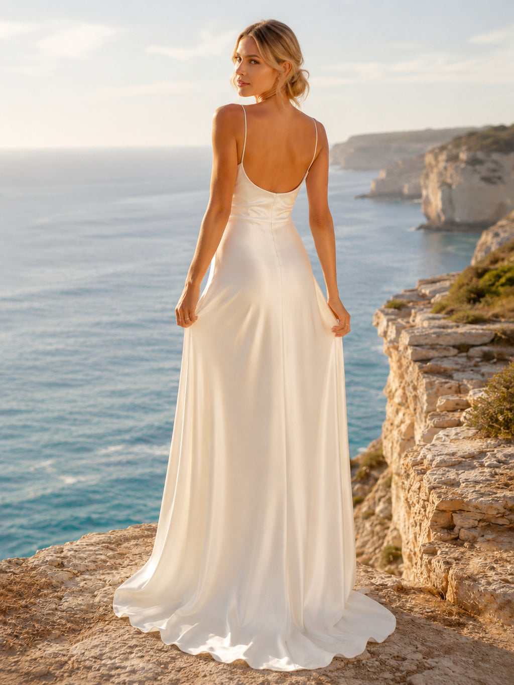 Satin Cowl Neck Spaghetti Strap Coastal Elopement Dress back view