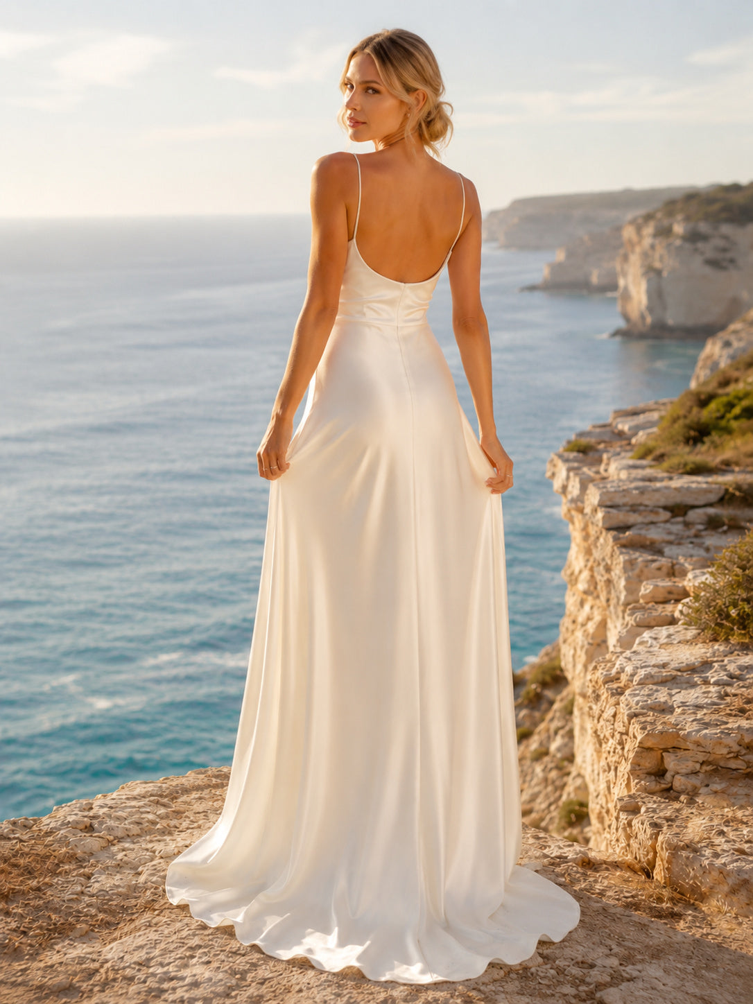 Satin Cowl Neck Spaghetti Strap Coastal Elopement Dress back view