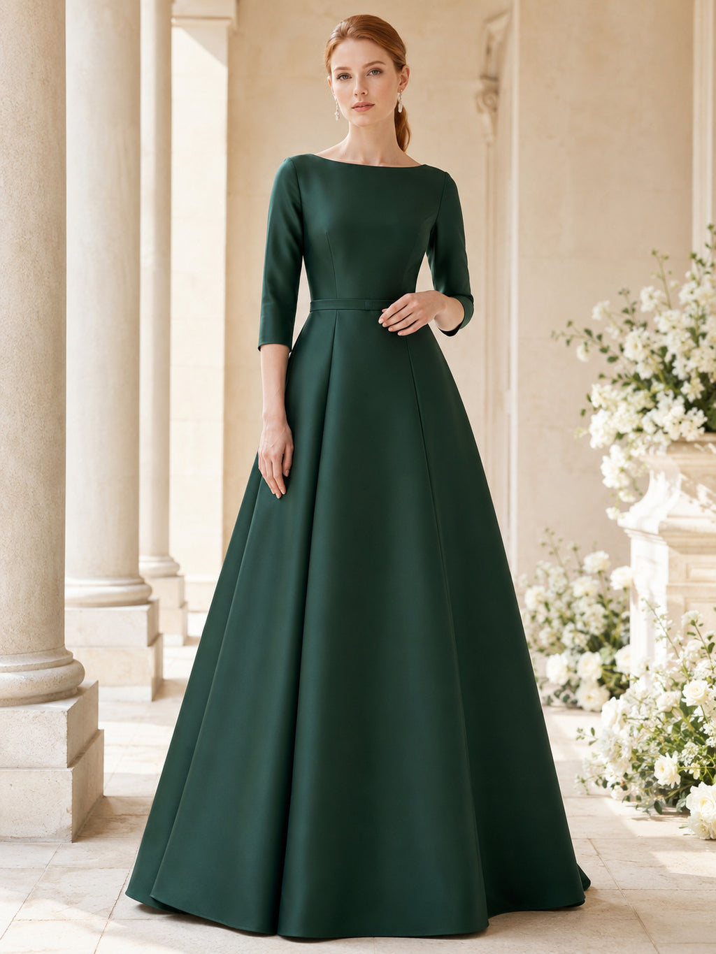 Dark Green Modest A-Line Satin Bateau Three Quarter Sleeve Wedding Dress front view