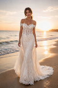 Ivory Off Shoulder Lace Mermaid Wedding Dress Chapel Train for Bridal Ceremony and Reception Style MG_700738 front view