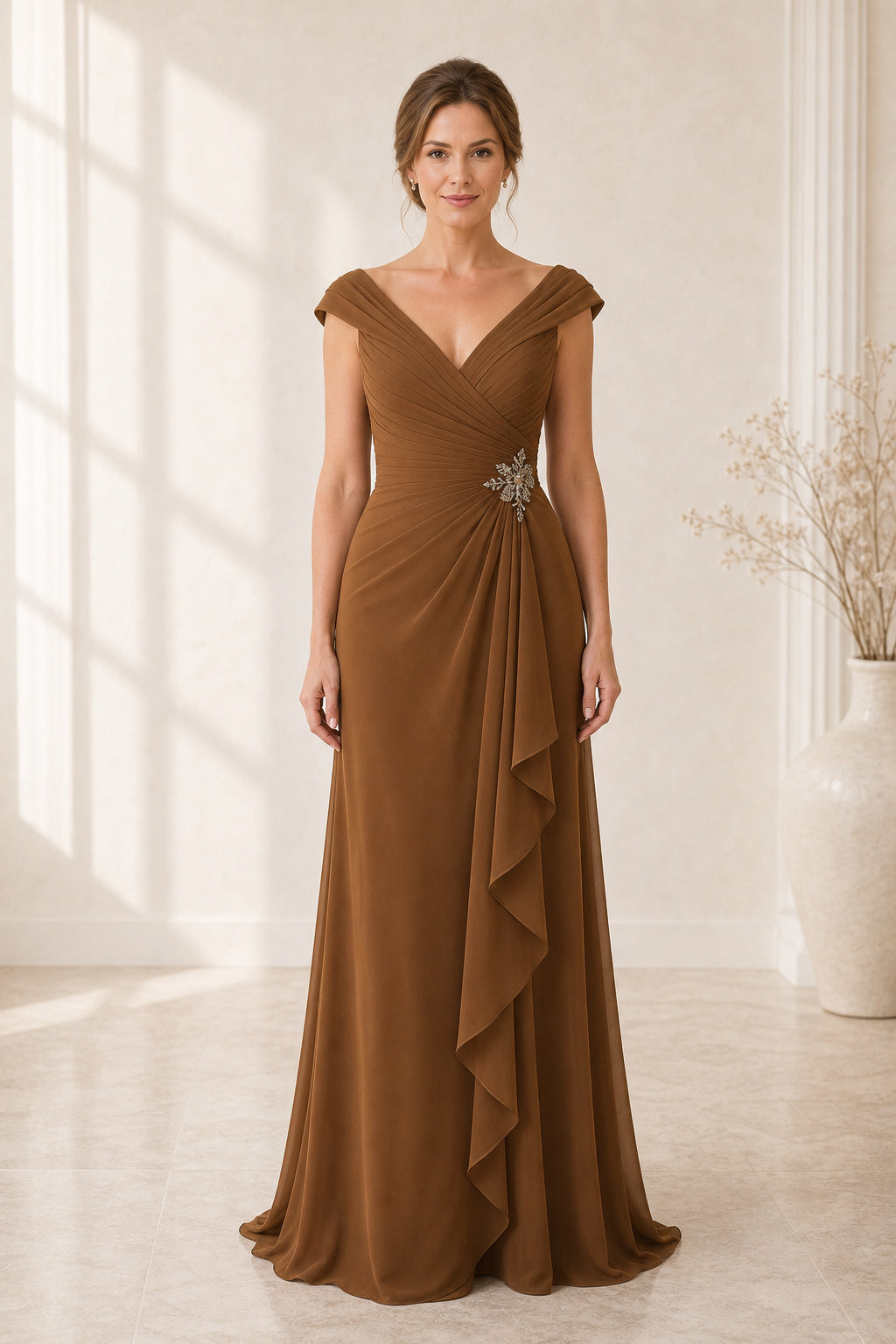 Mocha V-neck Cap Sleeve Sheath Chiffon Floor-Length Dress With Ruffle Front