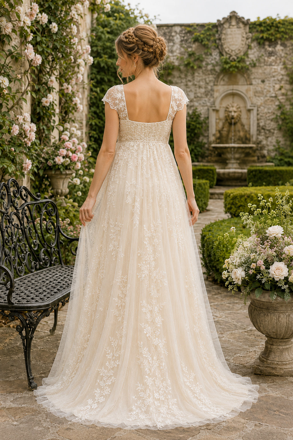 Ivory Square Neck Cap Sleeve Lace Maternity Wedding Dress with A-Line Skirt back view