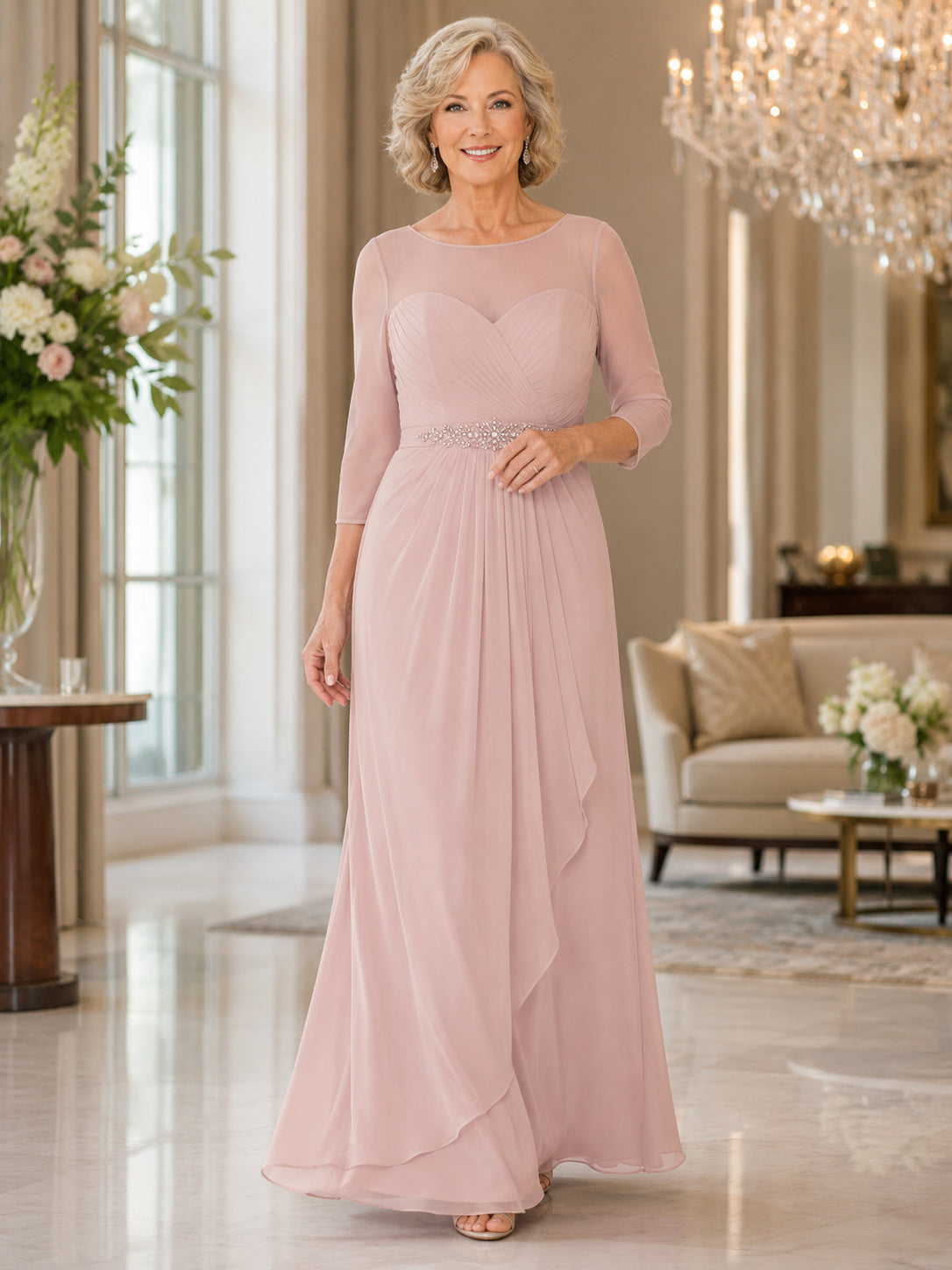 Blush long sleeve chiffon A line grandmother reception gown front view