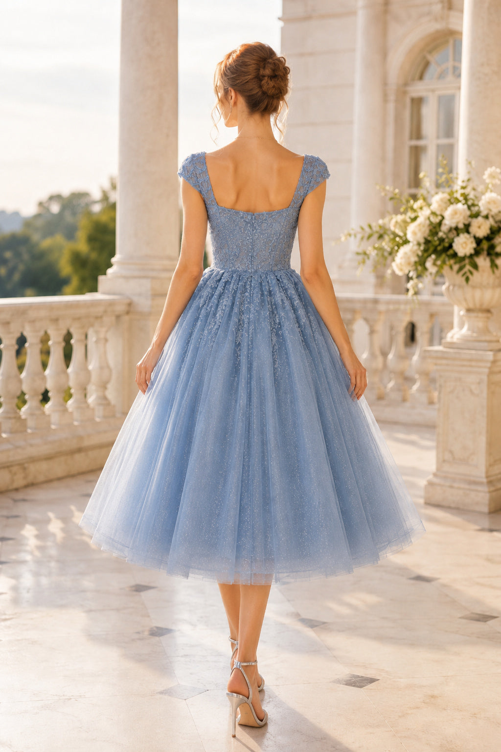 Sky Blue Square Neck Cap Sleeve Lace Bodice with Tulle Skirt Tea Length A-Line Homecoming Dress back view