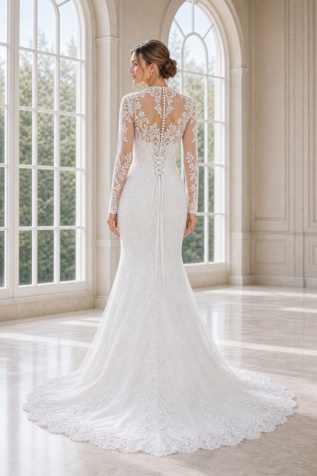 White Scoop Short Sleeves Mermaid Crepe, Lace Floor-length Wedding Dress With Lace and Floral Appliques and Open Back Lace Hem Detail