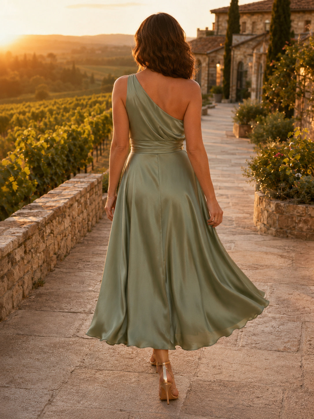 Sage Evening Vineyard Wedding Guest Bridesmaid Cocktail Formal Dress A-Line Tea-Length One-Shoulder Sleeveless Satin Draped Z