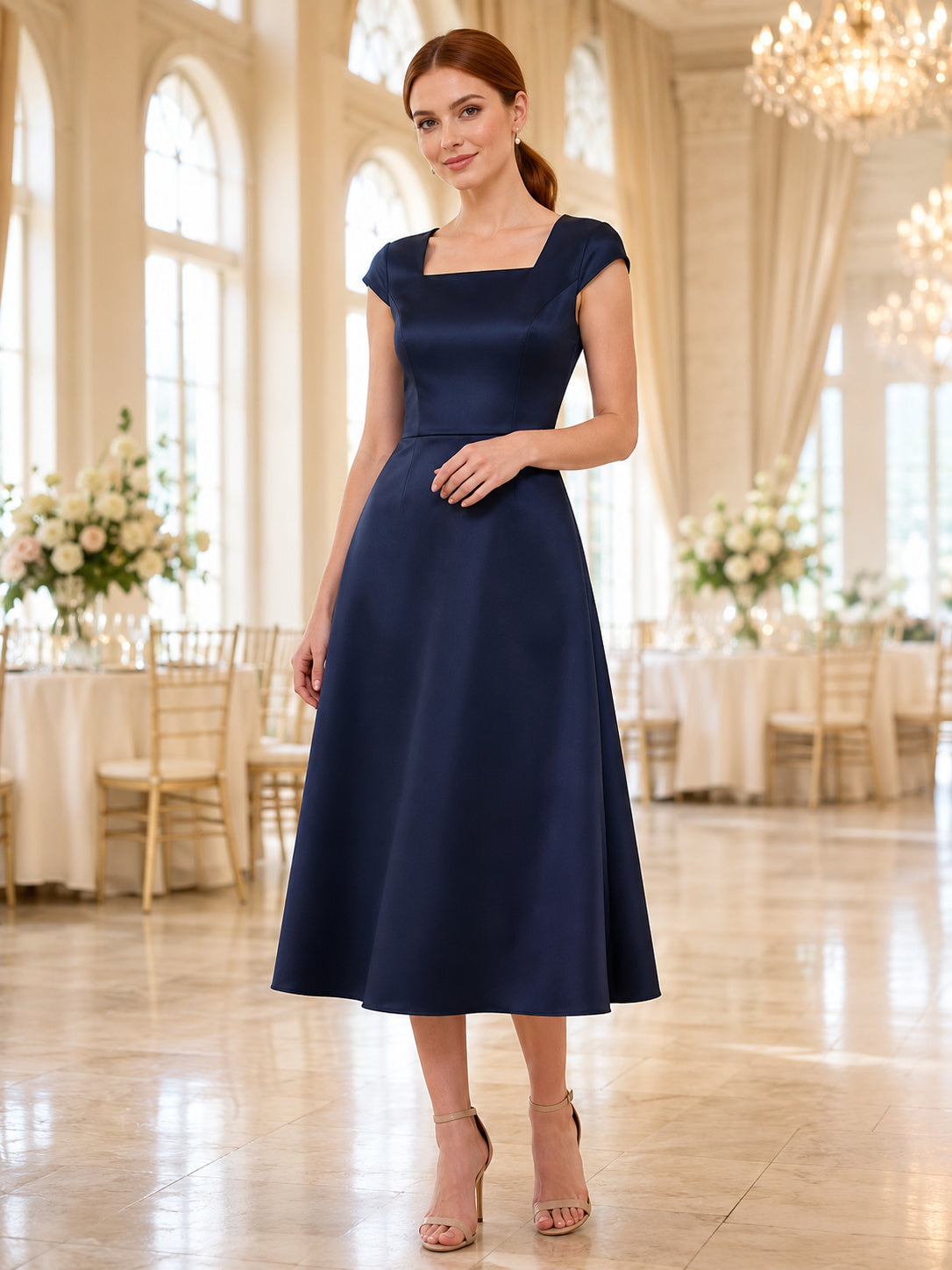 Navy square neck cap sleeve satin A-line tea dress front view
