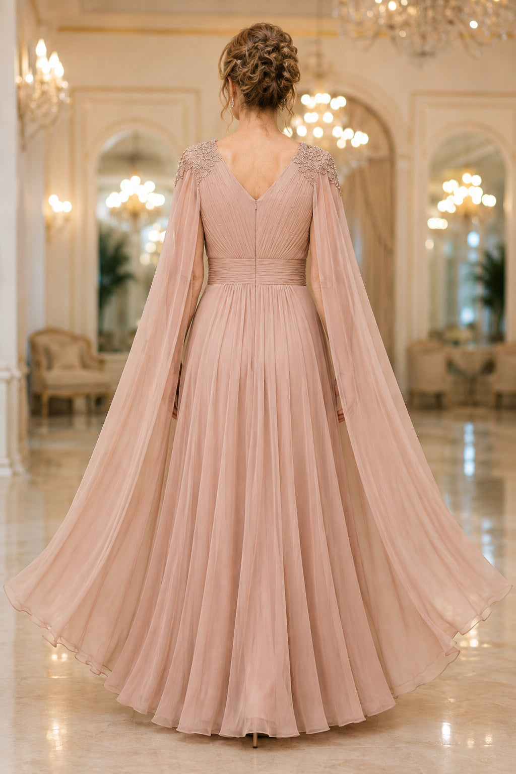 Blushing Pink V-Neck Chiffon A-Line Mother Dress with Cape Sleeves and Pleated Skirt back view