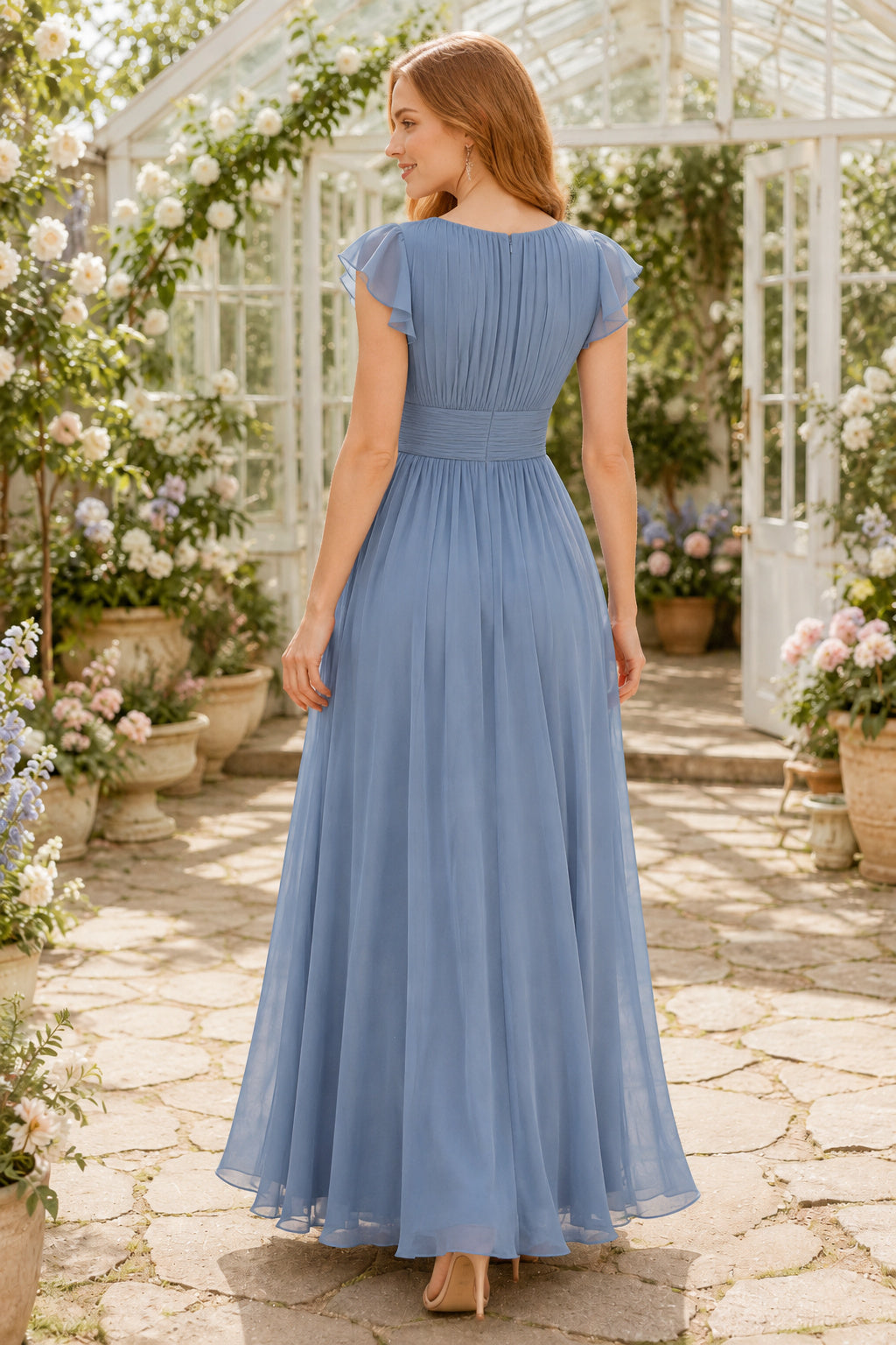 Sky Blue Garden Wedding Guest Sheath Dress back view