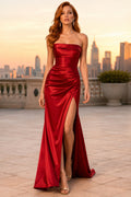 Red Strapless Satin Front Slit Formal Dress front view