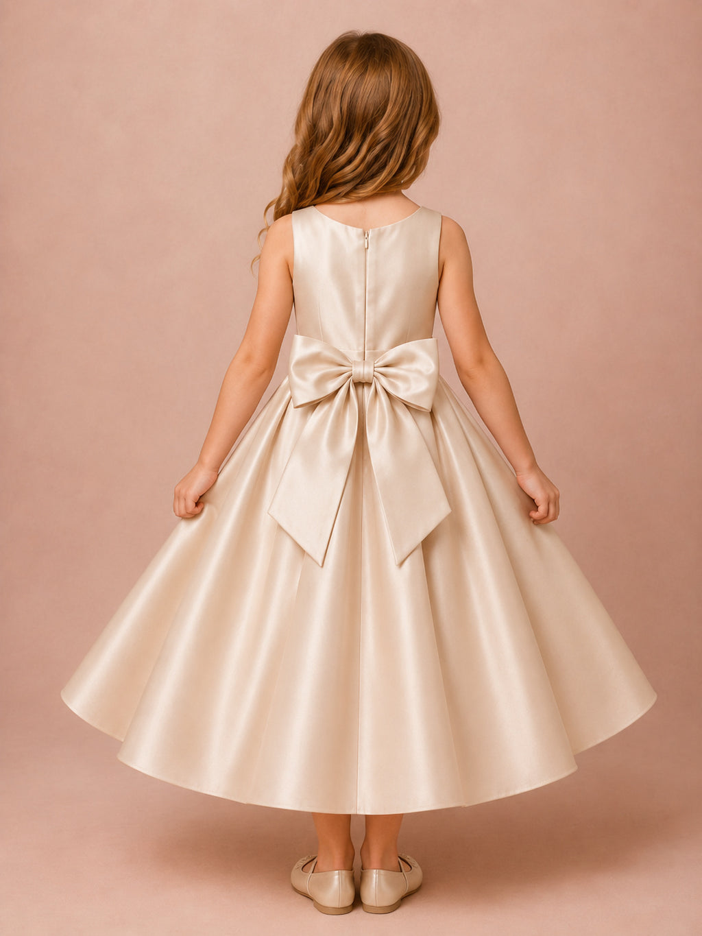 Flower Girl Dress Champagne Satin A-Line V-Neck Tea Length Bow Back back view