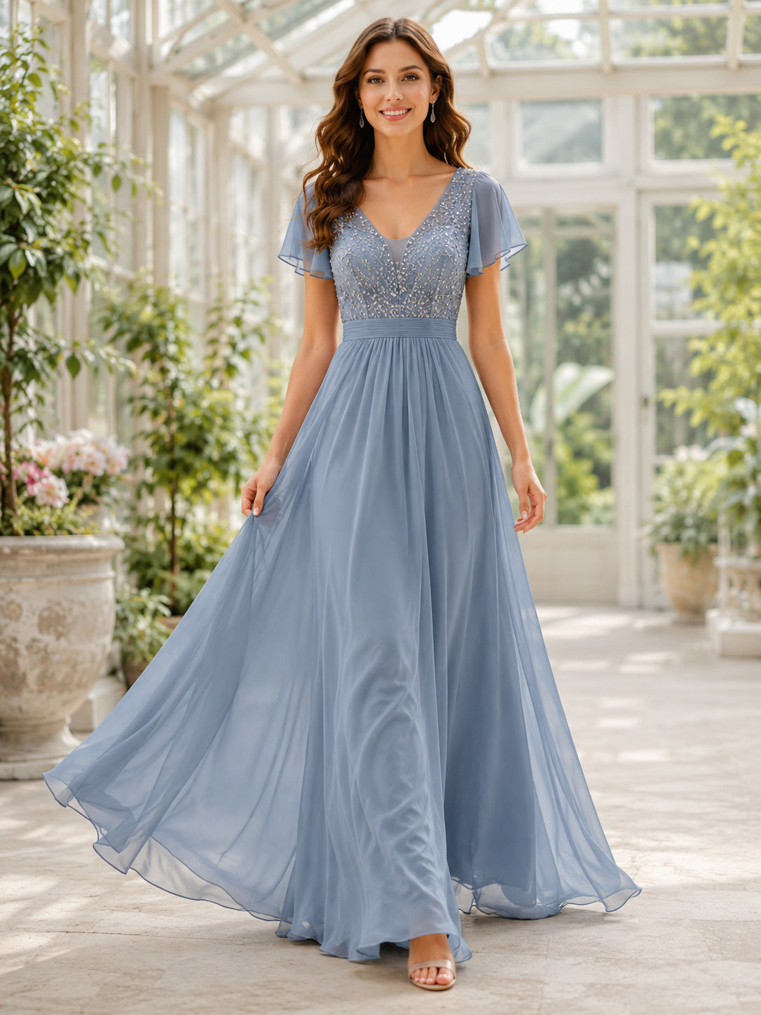 Steel Blue V-Neck Soft Glam Chiffon Dress front view