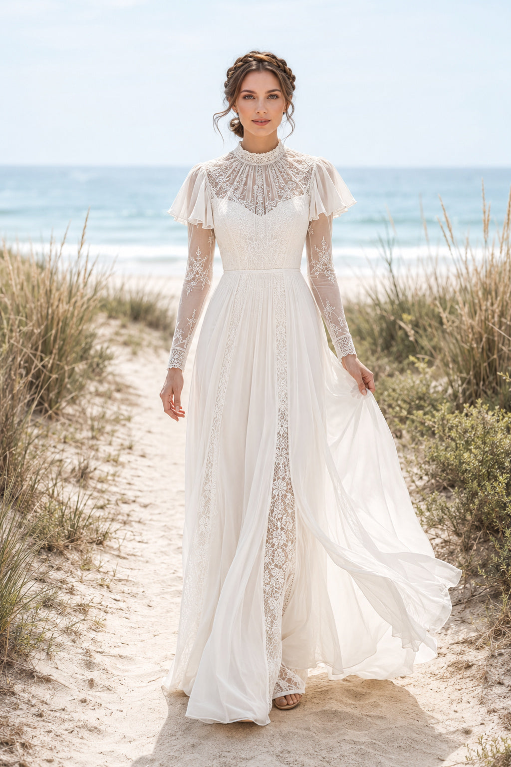High Neck Long Sleeve A-Line Wedding Dress with Flutter Lace Cape Detail and Split Front front view