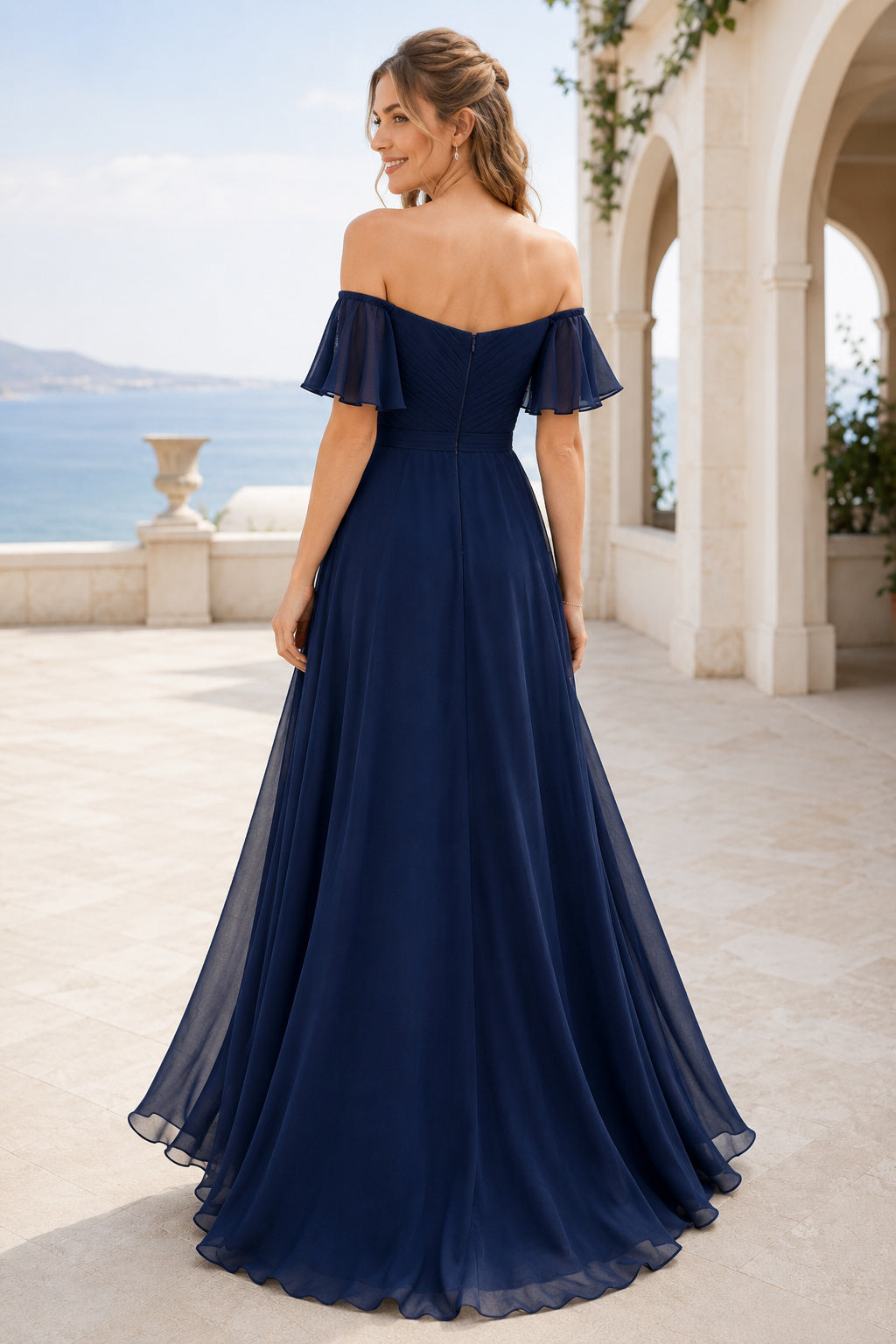 Dark Navy Off-the-Shoulder Flutter Sleeve Chiffon A-Line Bridesmaid Dress back view