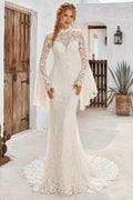 Ivory High Neck Long Bell Sleeve Lace Mermaid Wedding Dress with Illusion Back and Train front view