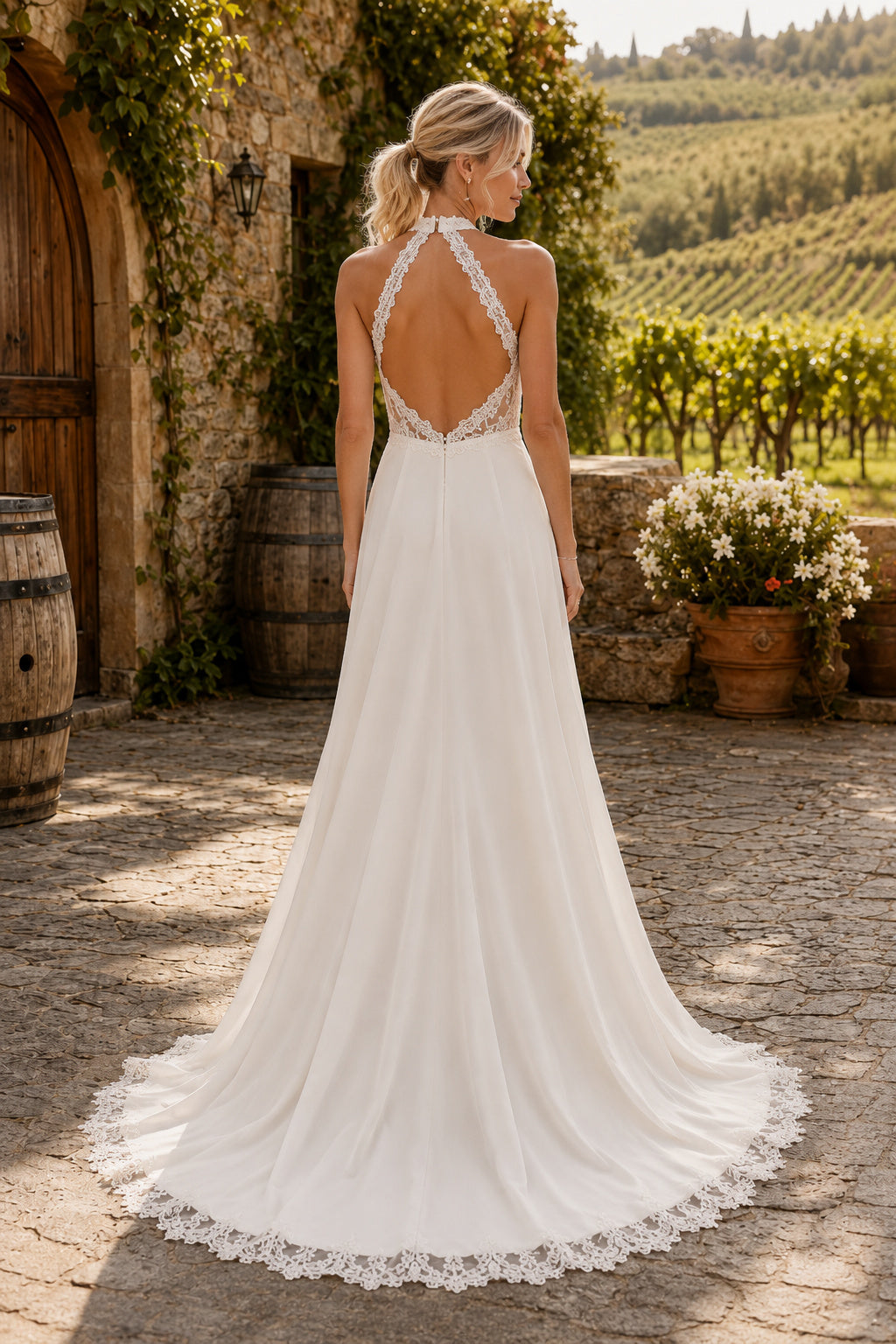 Halter High Neck A-Line Wedding Dress with Lace Bodice and Flowing Chiffon Train back view