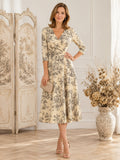 Taupe Toile V-Neck Three-Quarter Sleeve Wrap Midi Dress front view