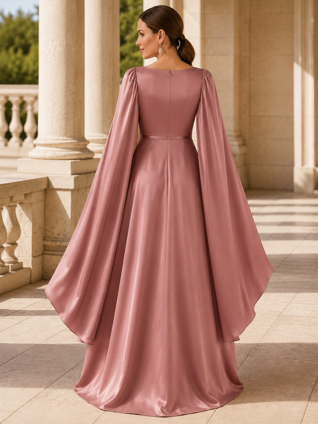 Dusty Rose Satin Cape Sleeve A-Line Evening Gown back view
