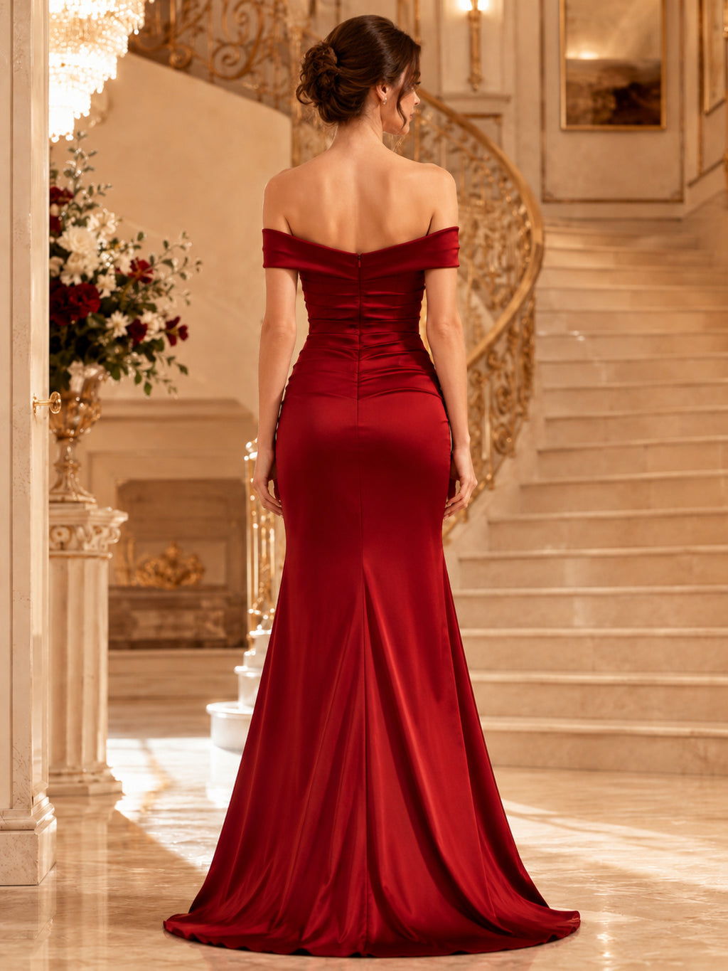 Red Off Shoulder Satin Slit Mermaid Evening Gown back view
