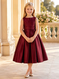 Burgundy Satin Sleeveless Tea-Length A-Line Flower Girl Garden Wedding Dress front view