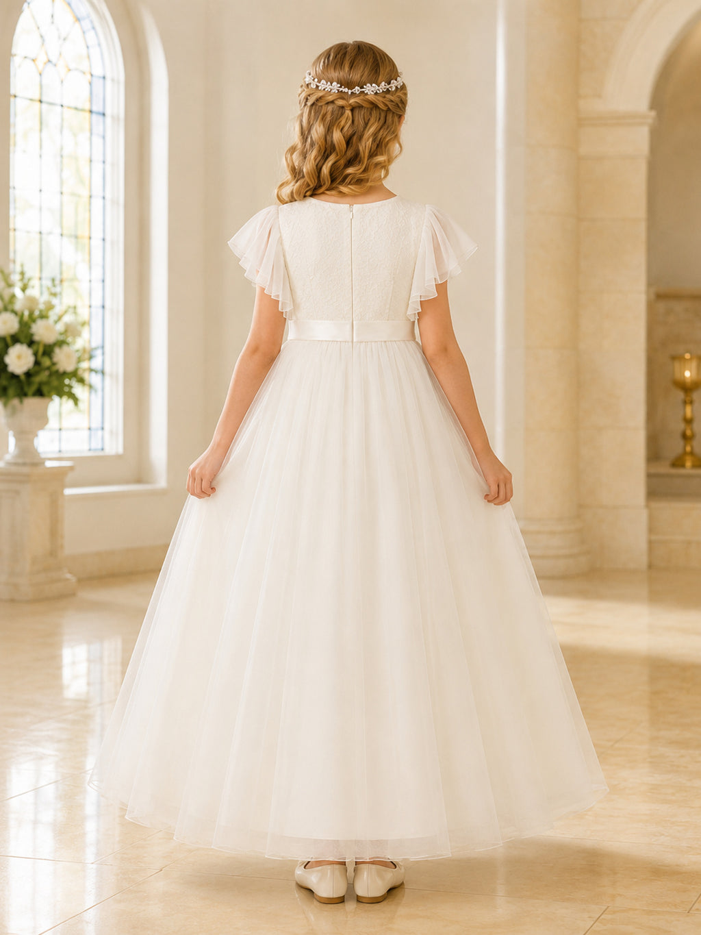 White Flutter Sleeve Jewel Tulle Ankle Length Communion Flowergirl Dress back view